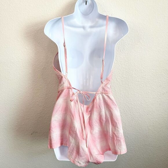New Lovers + Friends Alona Romper Women’s S Pink Plaid Gingham Linen Blend - Picture 2 of 5